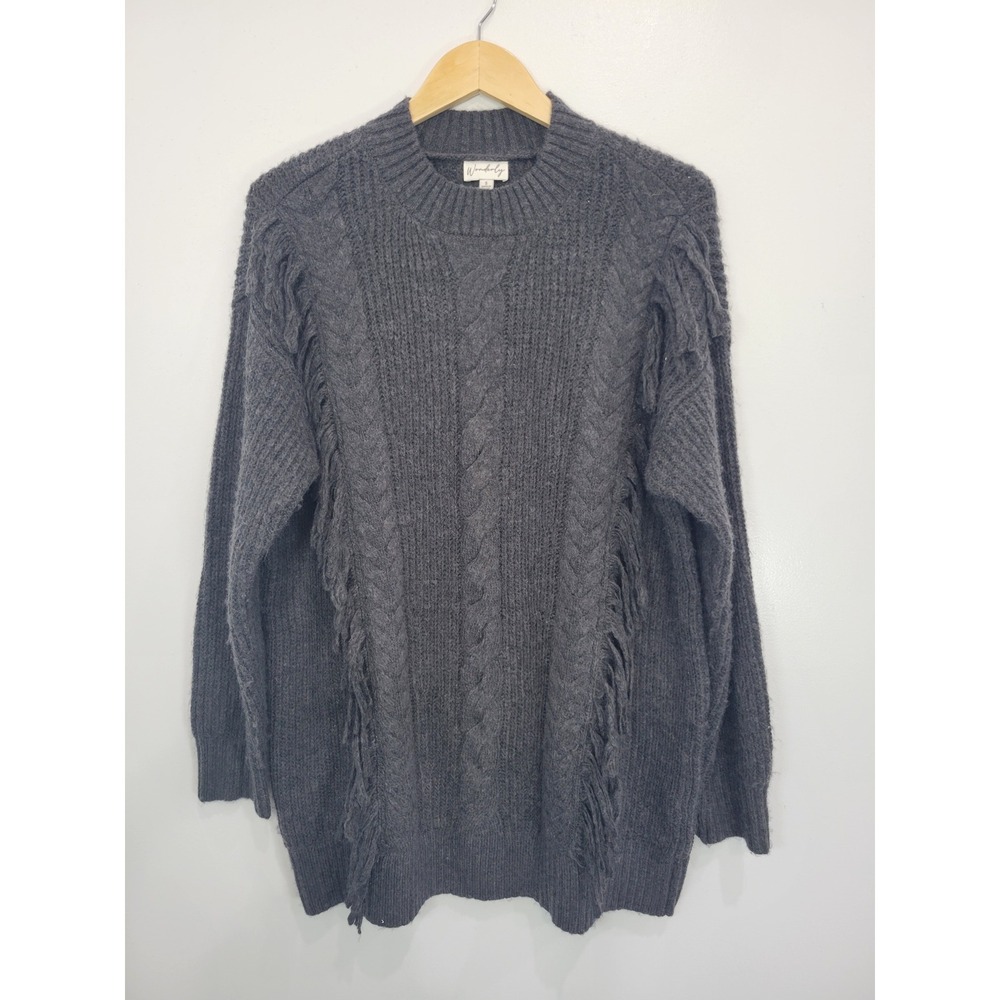 Wonderly Women's Gray Long Sleeve Fringe Detail Cable‎ Knit Sweater Size S